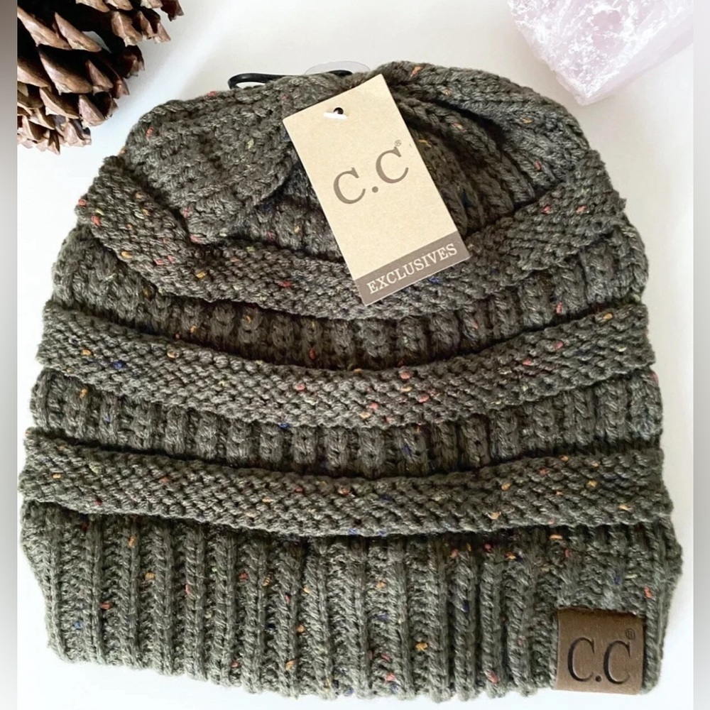 New Adult Size CC Olive Green Multicolor Confetti Cable Knit Hat Cap Beanie